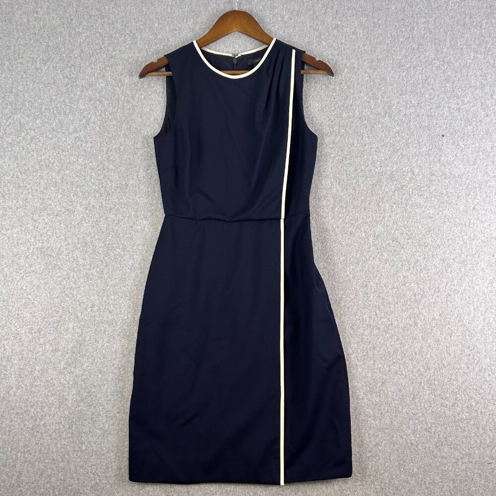 J.Crew Dress Women 0 Navy 100% Linen White Trim Sheath Fully Lined Formal Career